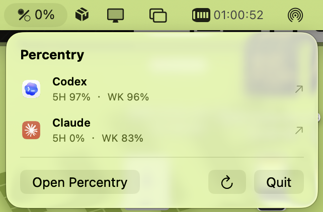 Percentry menu bar popover